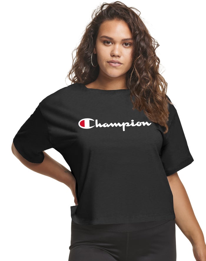 Champion Plus Cropped Script C Logo T-Shirt Dames - Zwart - Belgie 6543ORAUZ